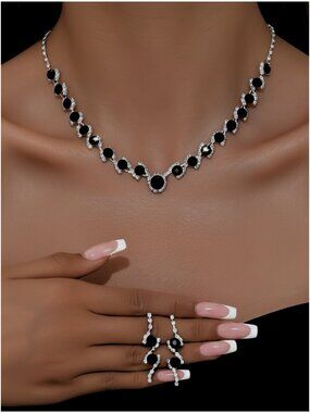 Midnight Elegance Black & White Necklace & Earrings Rhinestone Jewelry Set